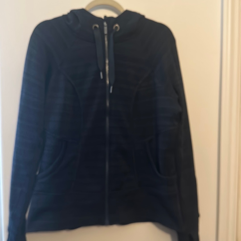 Athleta Zip up track jacket with hood. Dark Navy and Black. Size XL